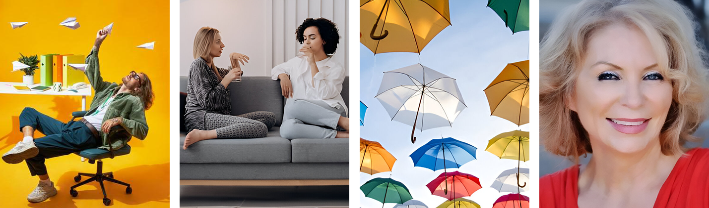 A woman sitting on the couch and some umbrellas